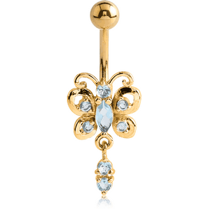 GOLD PVD COATED BRASS JEWELLED BUTTERFLY NAVEL BANANA WITH DANGLING CHARM - DOUBLE JEWEL