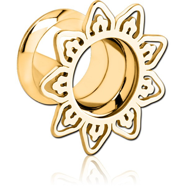 GOLD PVD COATED STAINLESS STEEL DOUBLE FLARED INTERNALLY THREADED TUNNEL - FILIGREE
