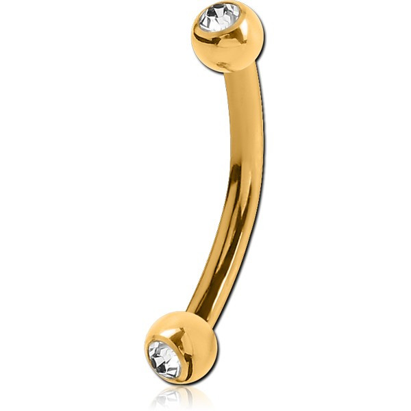 GOLD PVD COATED SURGICAL STEEL INTERNALLY THREADED DOUBLE JEWELED CURVED BARBELL