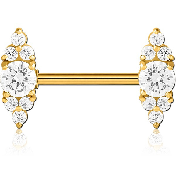 GOLD PVD COATED SURGICAL STEEL NIPPLE PIERCING INTERNAL THREADED BAR WITH MOVING CHARM FINE JEWELLED