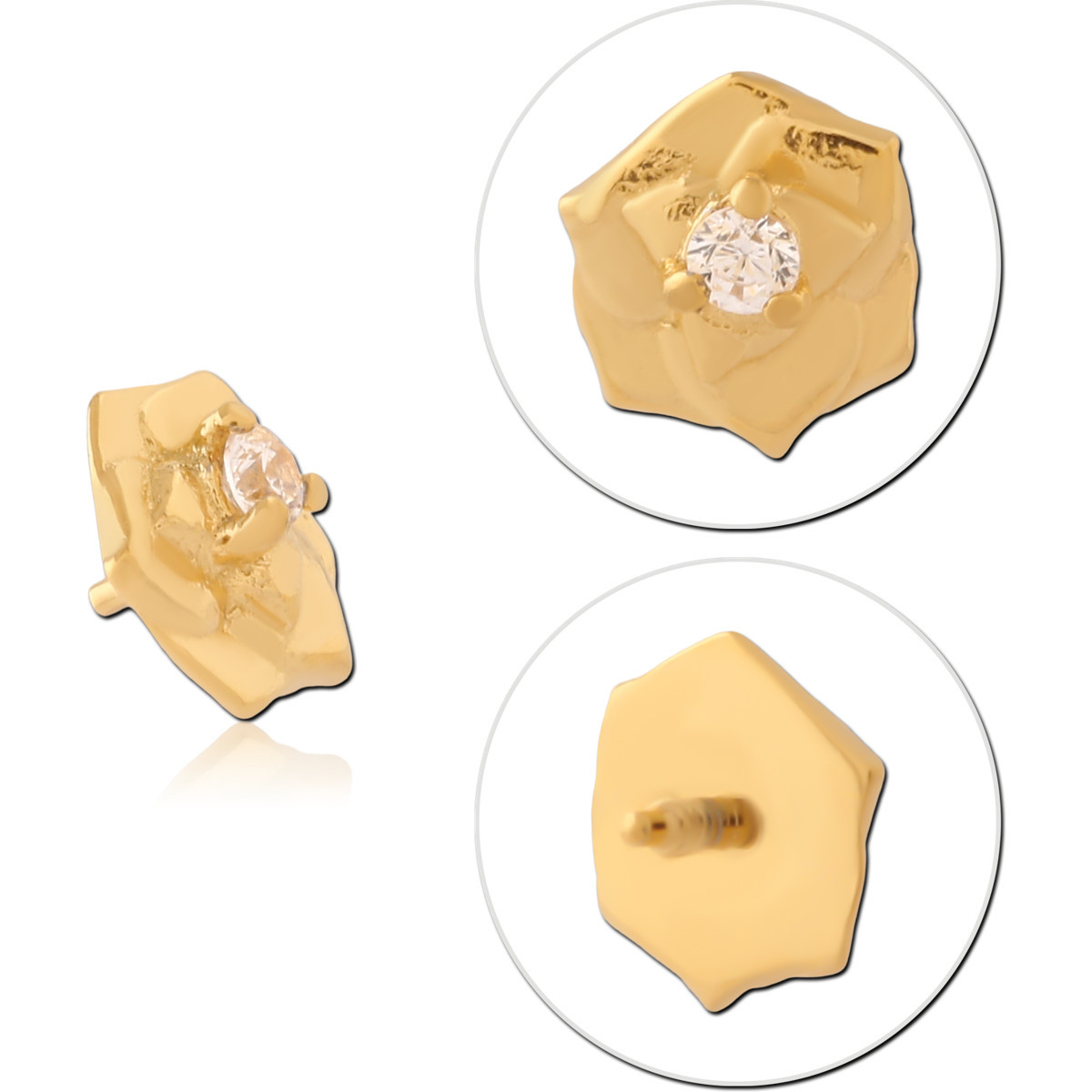 GOLD PVD COATED 316L SURGICAL STEEL INTERNALLY THREADED TOP ROSE FLOWER CLEAR CENTER GEM