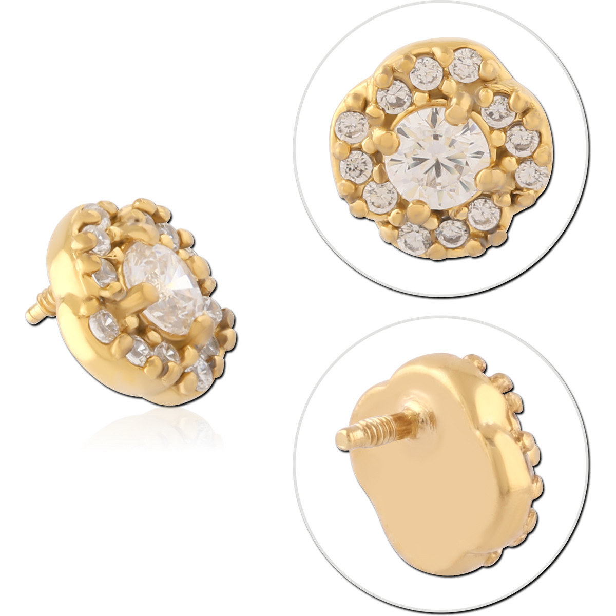 GOLD PVD COATED SURGICAL STEEL INTERNAL THREADED TOP HALO ROUND CLEAR GEM CLUSTER