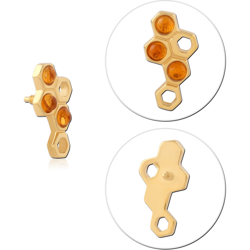 GOLD PVD COATED SURGICAL STEEL INTERNAL ATTACHMENT HONEYCOMB HEXAGON ORANGE GEMS