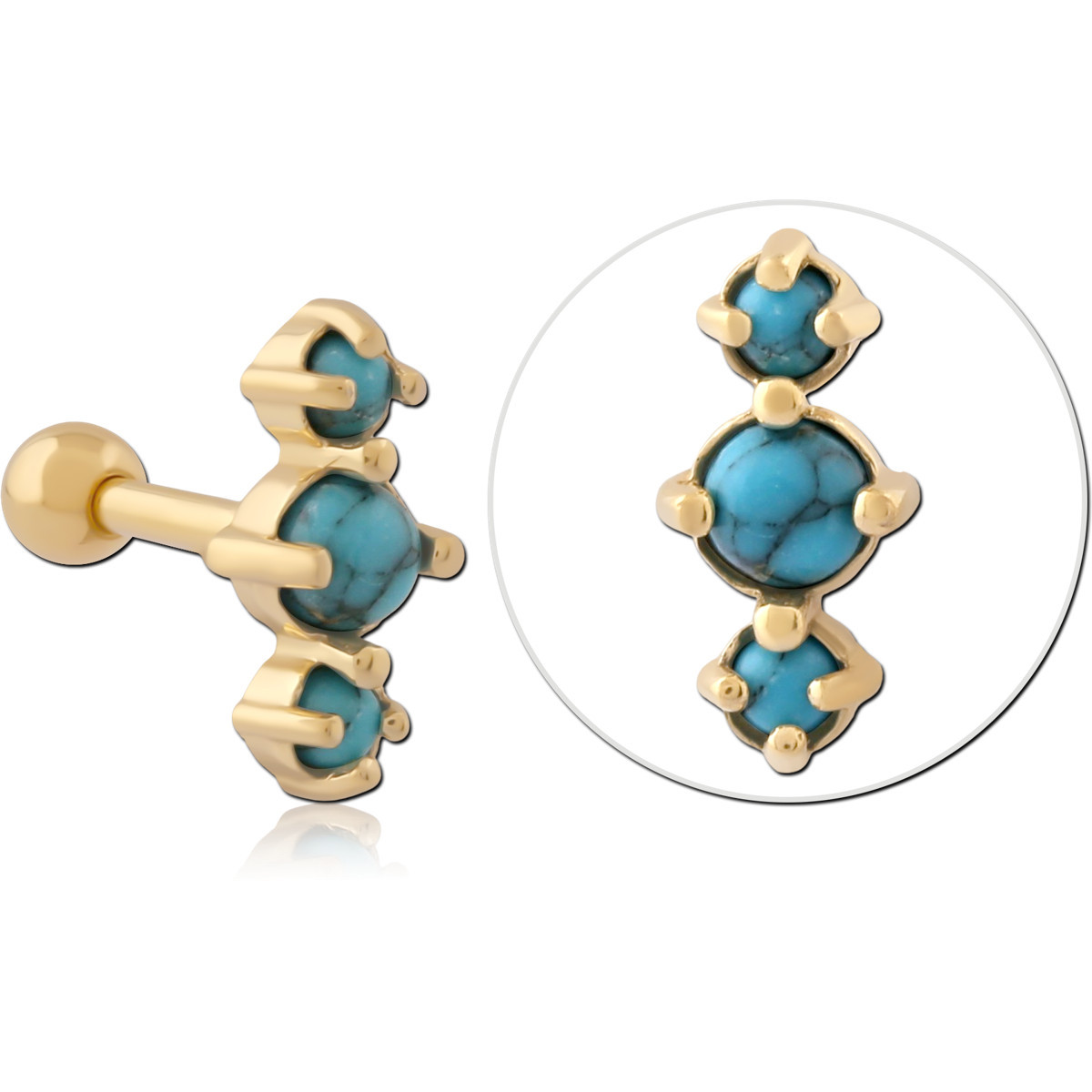 316L GOLD PVD COATED SURGICAL STEEL BARBELL TURQUOISE TRIPLE STONE PRONG CLUSTER