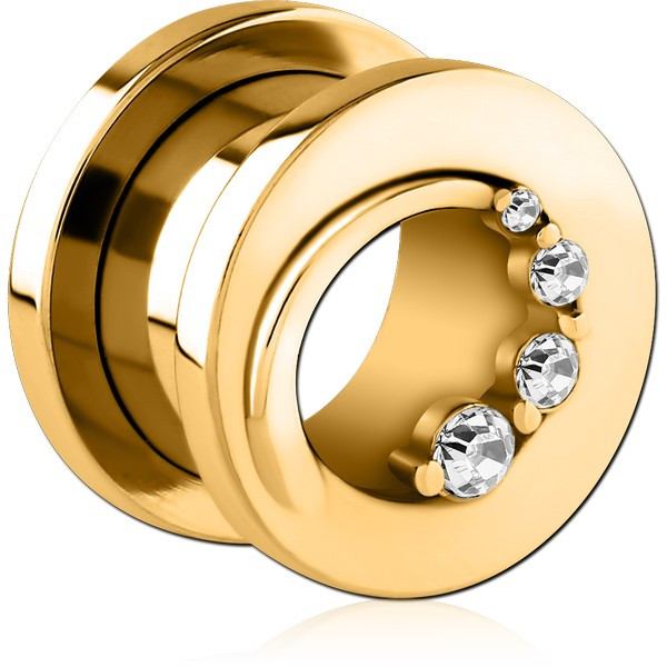 GOLD PVD COATED STAINLESS STEEL THREADED TUNNEL WITH SURGICAL STEEL JEWELED TOP
