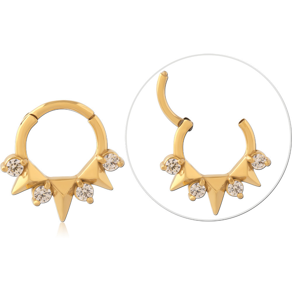 316L GOLD PVD COATED SURGICAL STEEL HINGE SEGMENT RING GEMMED SPIKED WITH TRIANGLE CHARM