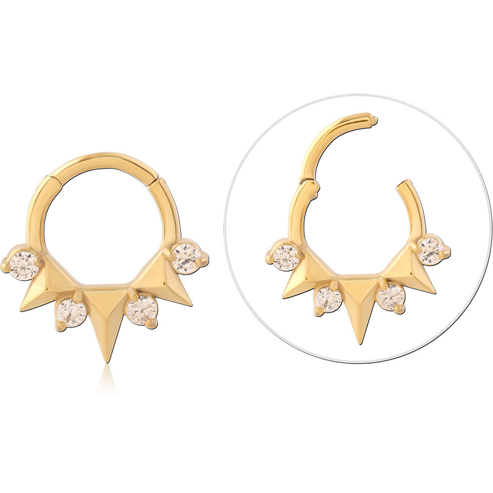 316L GOLD PVD COATED SURGICAL STEEL HINGE SEGMENT RING TRIPLE SPIKE GEMS