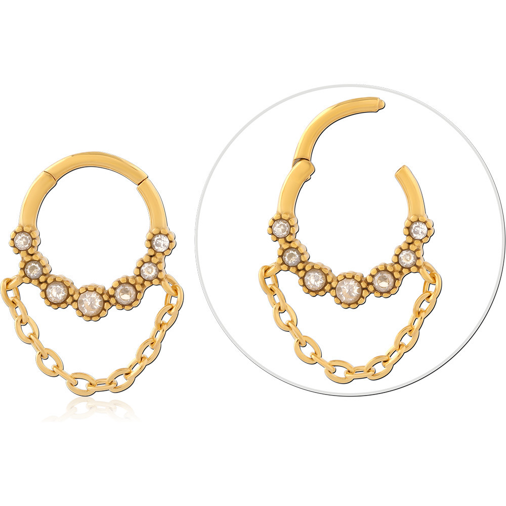 316L GOLD PVD COATED SURGICAL STEEL HINGE SEGMENT RING FLORAL GEMS WITH CHAIN DRAPE