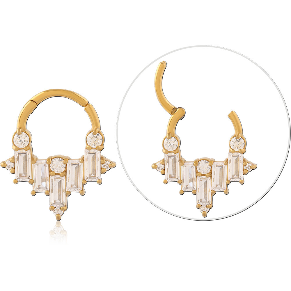 316L GOLD PVD COATED SURGICAL STEEL HINGE SEGMENT RING BAGUETTE CHANDELIER WITH GEM DANGLE