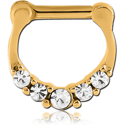 GOLD PLATED SURGICAL STEEL ROUND JEWELED HINGED SEPTUM CLICKER RING