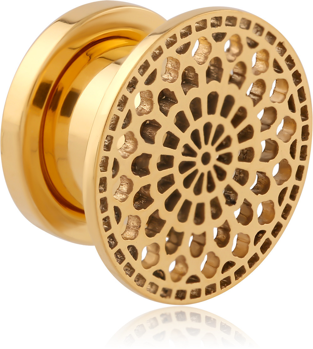 316L GOLD PVD COATED SURGICAL STEEL THREADED TUNNEL MANDALA CUTOUT FACE