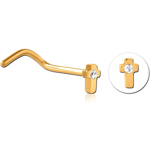 GOLD PVD COTED TITANIUM JEWELED CURVED NOSE STUD - CROSS