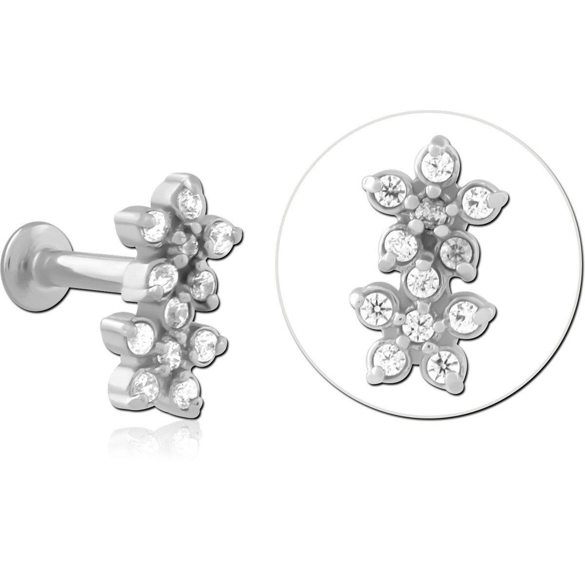 316L SURGICAL STEEL INTERNAL LABRET DOUBLE FLOWER CLUSTER GEMS VERTICAL