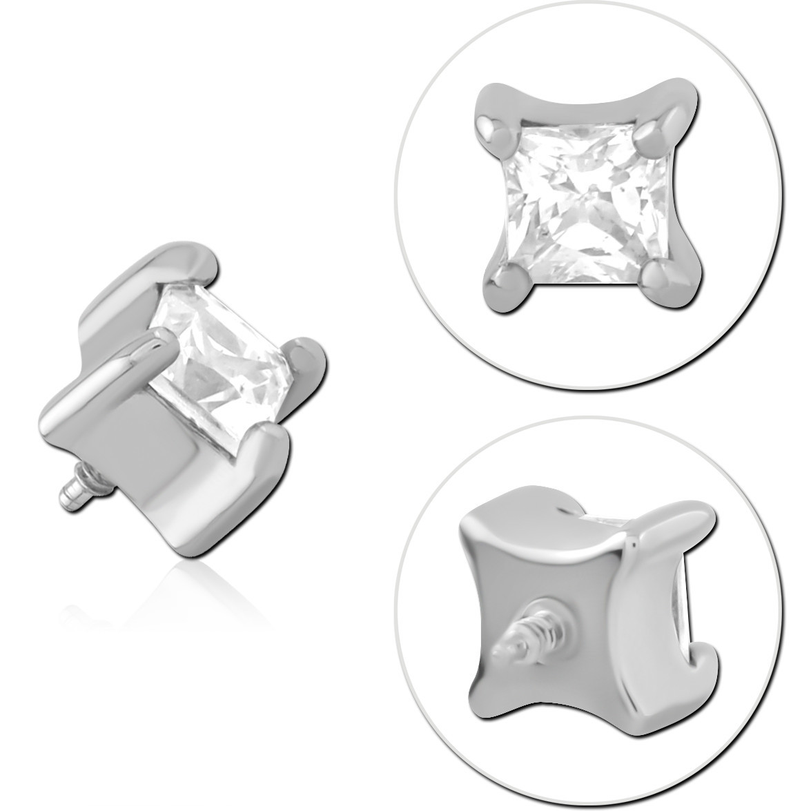 316L SURGICAL STEEL INTERNAL THREADED MICRO ATTACHMENT PRINCESS CUT SQUARE GEM