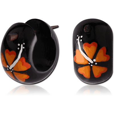 TRIBAL TEAK WOOD PAINTED EARRINGS PAIR-HIBISCUS