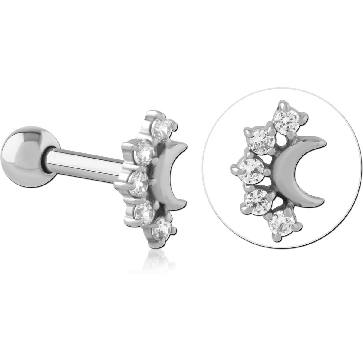 316L SURGICAL STEEL TRAGUS BARBELL CRESCENT MOON WITH CLEAR GEM CLUSTER
