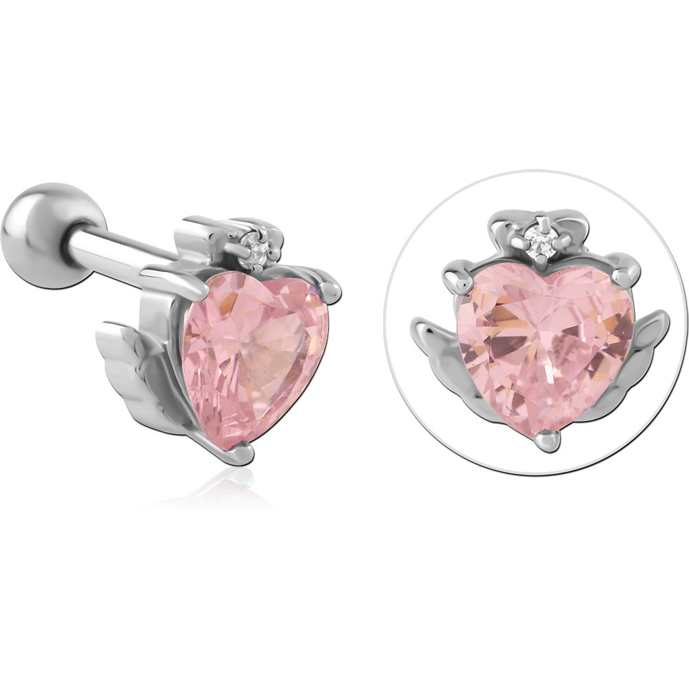 316L SURGICAL STEEL MICRO BARBELL TRAGUS HELIX HEART PINK GEM WITH WINGS