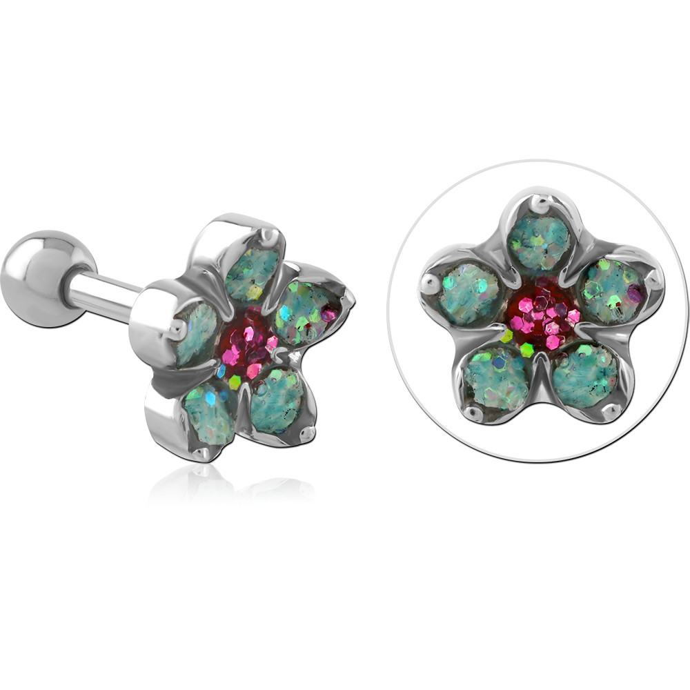 316L SURGICAL STEEL BARBELL FLOWER TOP GREEN GLITTER PETALS PINK GEM CENTER