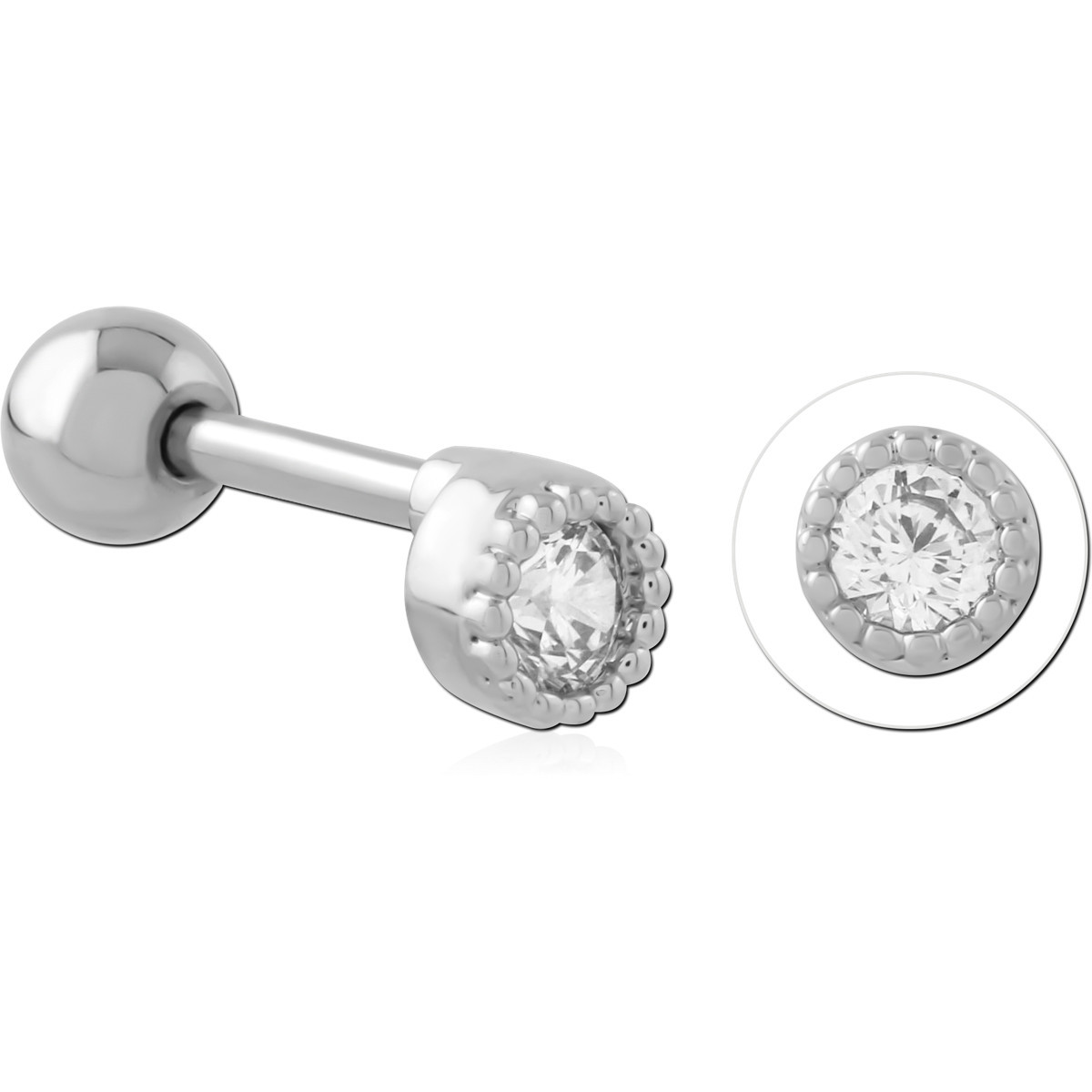 SURGICAL STEEL TRAGUS MICRO BARBELL BEZEL SET GEM MILGRAIN EDGE