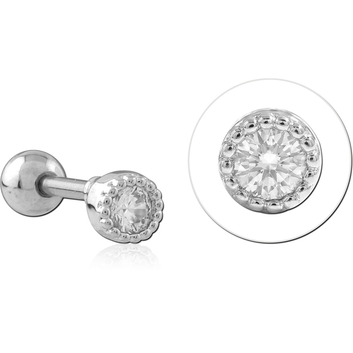 SURGICAL STEEL TRAGUS MICRO BARBELL BEADED BEZEL ROUND GEM DETAIL