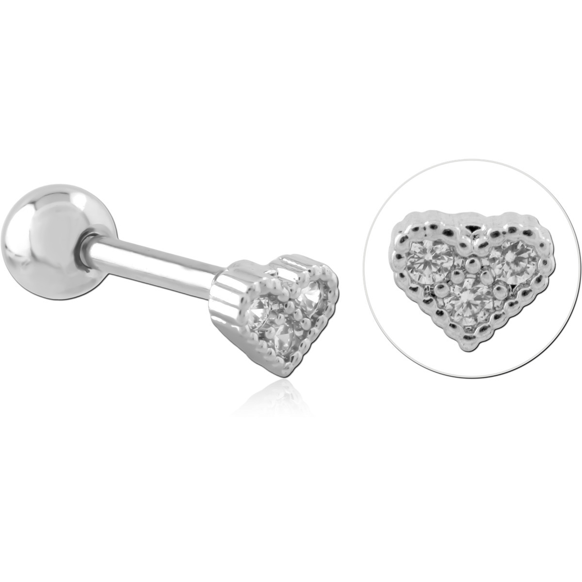 316L SURGICAL STEEL BARBELL HEART PAVÉ CLUSTER CLEAR GEMS BEADED EDGE