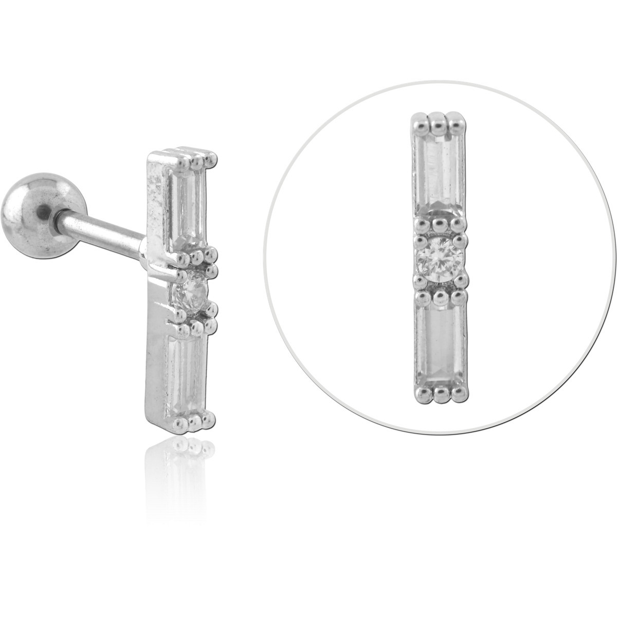 316L SURGICAL STEEL BARBELL VERTICAL BAR BAGUETTE AND ROUND CLEAR GEMS