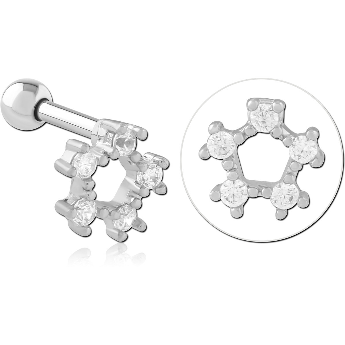 316L SURGICAL STEEL BARBELL OPEN CIRCLE SIX CLEAR GEM CLUSTER