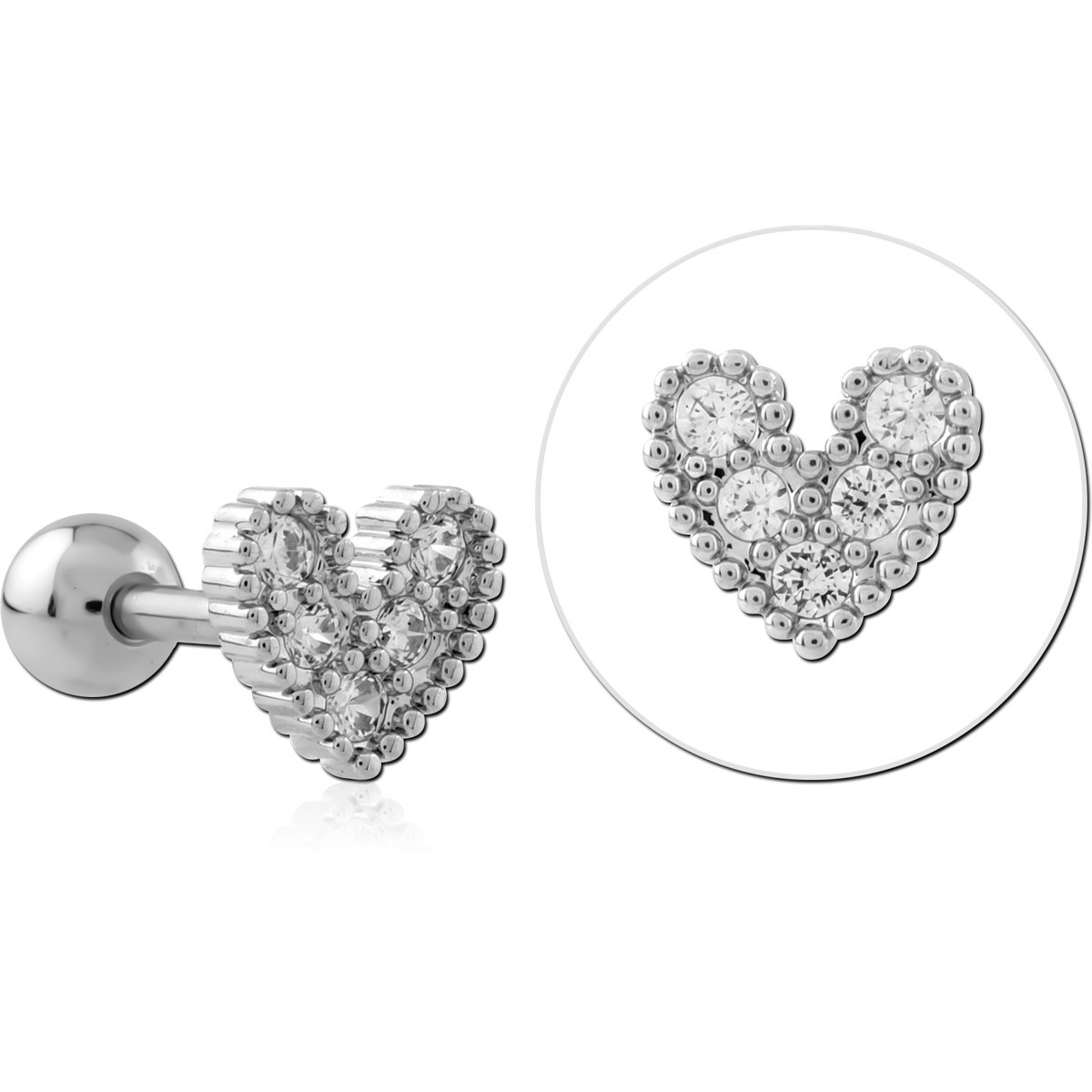 316L SURGICAL STEEL BARBELL OPEN HEART PAVÉ CLEAR GEM CLUSTER