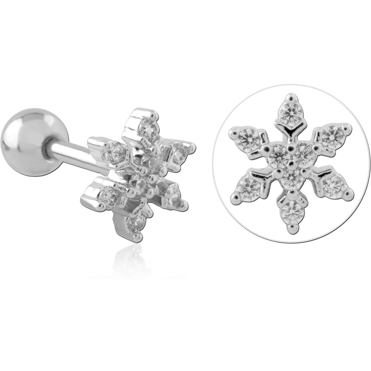 316L SURGICAL STEEL BARBELL SNOWFLAKE PAVÉ CLEAR GEM DETAILED FLAKE