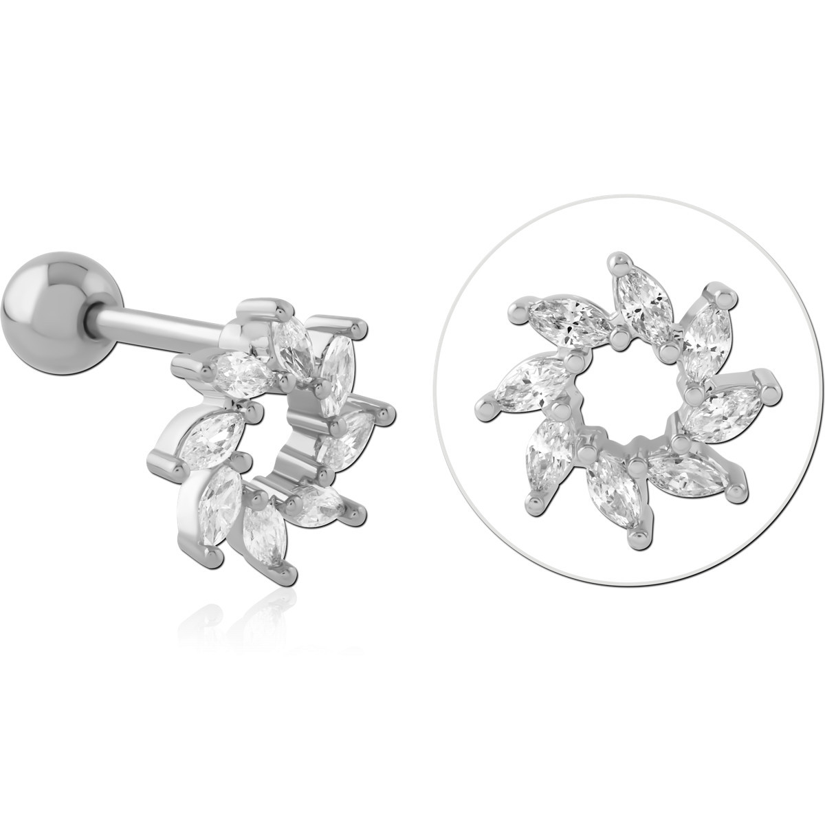 316L SURGICAL STEEL BARBELL MARQUISE GEM OPEN PETAL WREATH FLOWER DESIGN