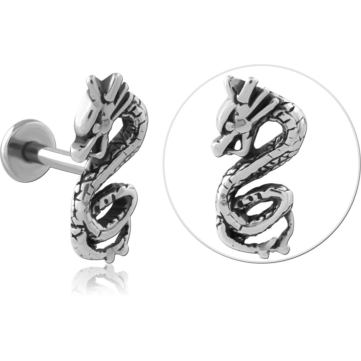 316L SURGICAL STEEL LABRET COILED DRAGON DETAILED SCULPTED DESIGN CARTILAGE STUD