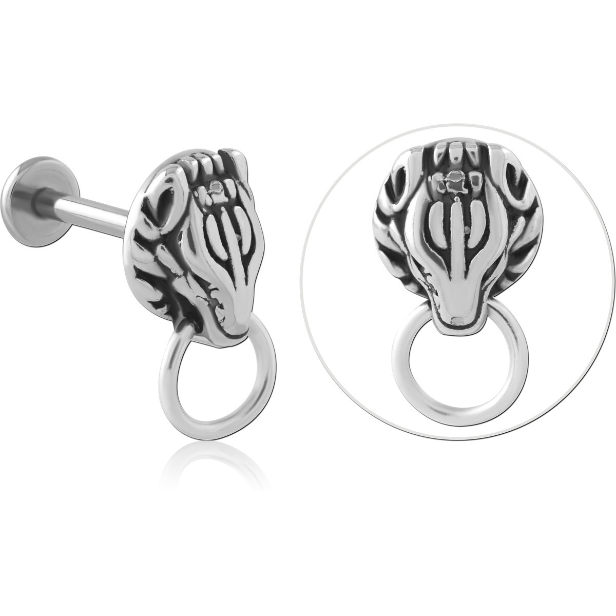 316L SURGICAL STEEL LABRET ANIMAL HEAD WITH HOOP RING DETAIL CARTILAGE STUD