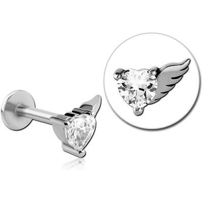 SURGICAL STEEL MICRO LABRET WITH JEWELLED ATTACHMENT - HEART WITH RIGHT WING