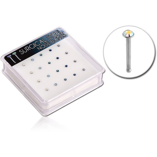 BOX OF 20 SURGICAL STEEL JEWELED NOSE BONES
