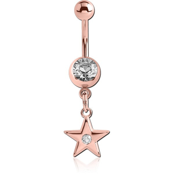 ROSE GOLD PVD COATED SURGICAL STEEL JEWELED NAVEL BANANA WITH DANGLING CHARM - STAR