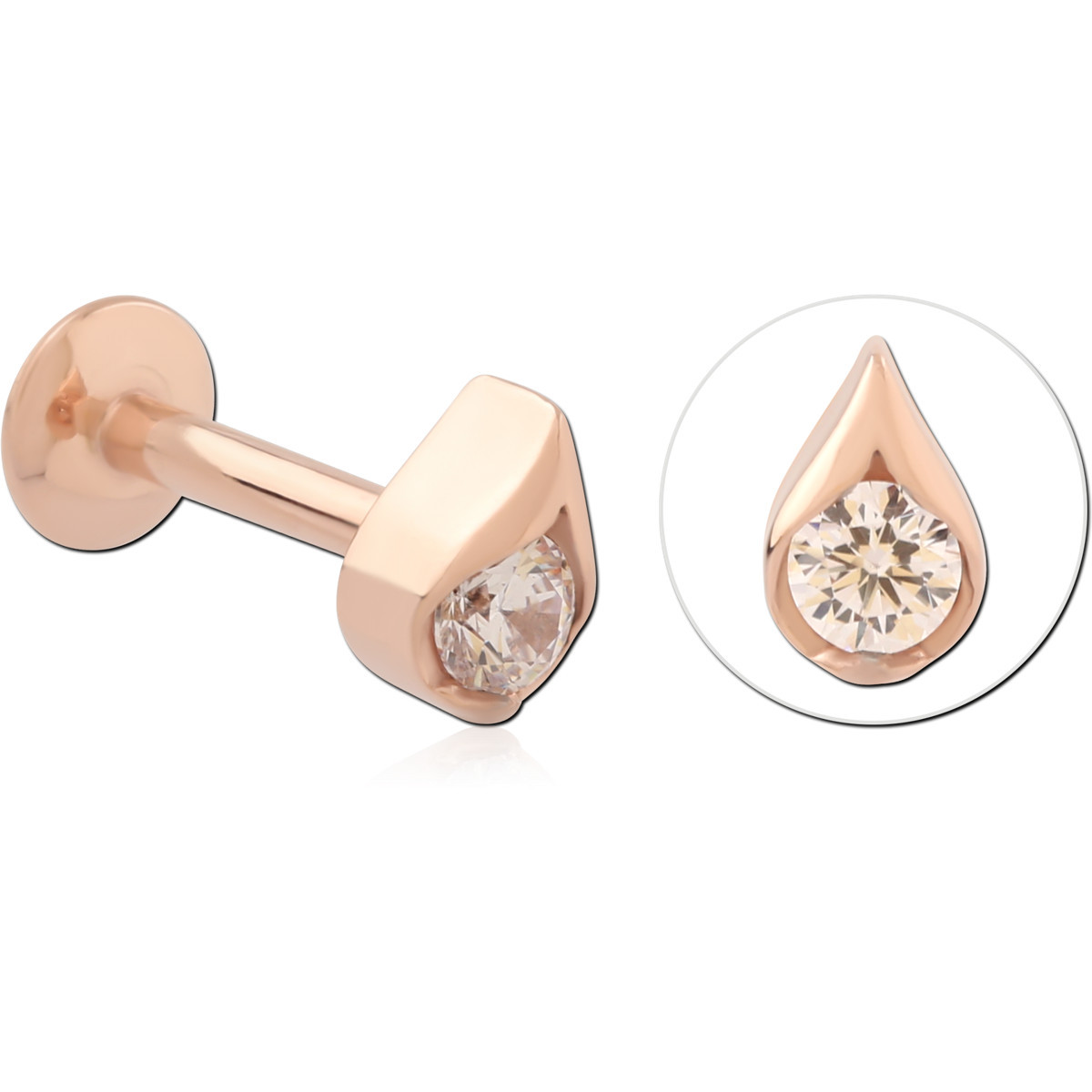 316L ROSE GOLD PVD COATED SURGICAL STEEL INTERNAL LABRET TEARDROP BEZEL GEM