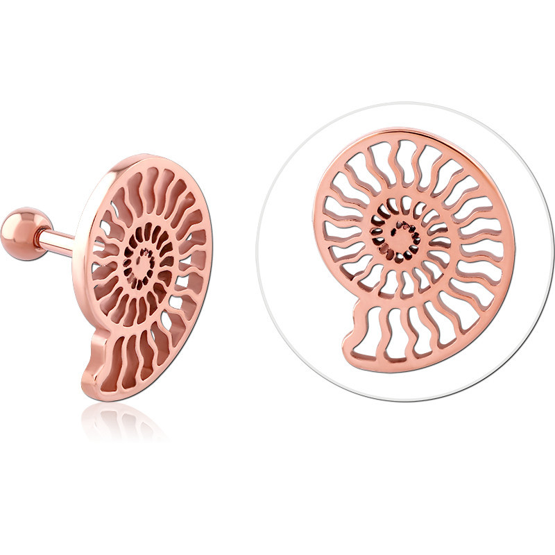316L ROSE GOLD PVD COATED SURGICAL STEEL MICRO BARBELL NAUTILUS SHELL SPIRAL CUTOUT POLISHED