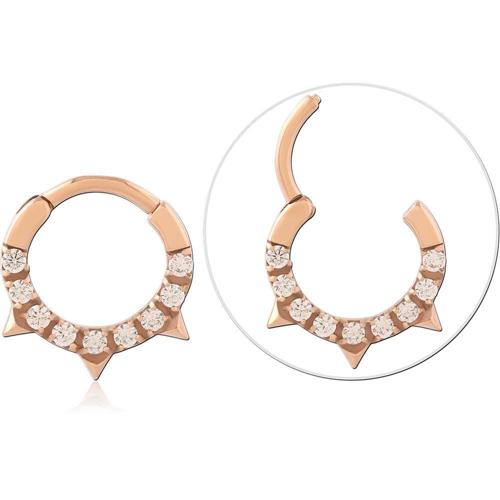 316L ROSE GOLD PVD COATED SURGICAL STEEL HINGE SEGMENT RING PAVE GEMS AND SPIKES