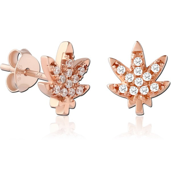 STERLING SILVER 925 ROSE GOLD PLATED JEWELED EAR STUDS PAIR - LEAF