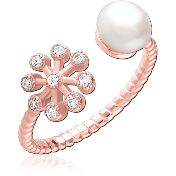 STERLING SILVER 925 ROSE GOLD PLATED RING WITH JEWELED FLOWER AND PEARL