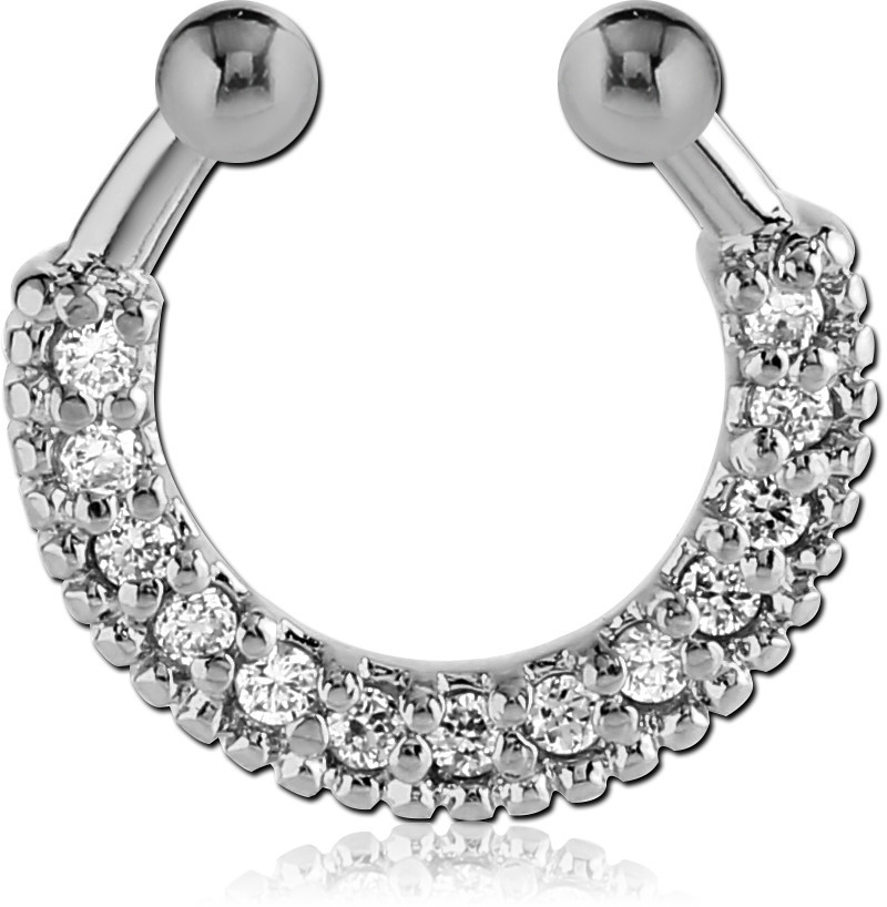 316L SURGICAL STEEL FAKE SEPTUM RING DOUBLE ROW PAVE CLEAR GEMS