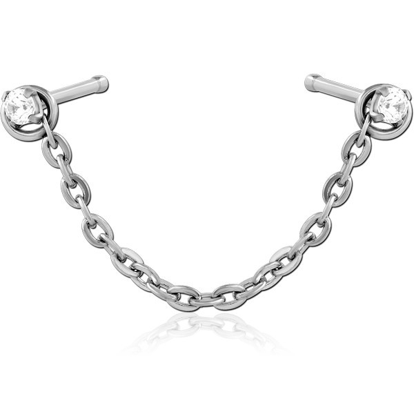 SURGICAL STEEL PRONG SET JEWELED NOSE BONE WITH CHAIN