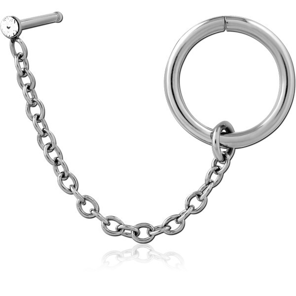 STAINLESS STEEL CRYSTAL JEWELED NOSE BONE AND SEAMLESS RING WITH CHAIN