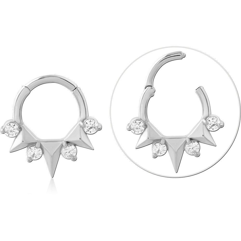 316L SURGICAL STEEL HINGE SEGMENT RING TRIPLE SPIKE AND ROUND GEMS