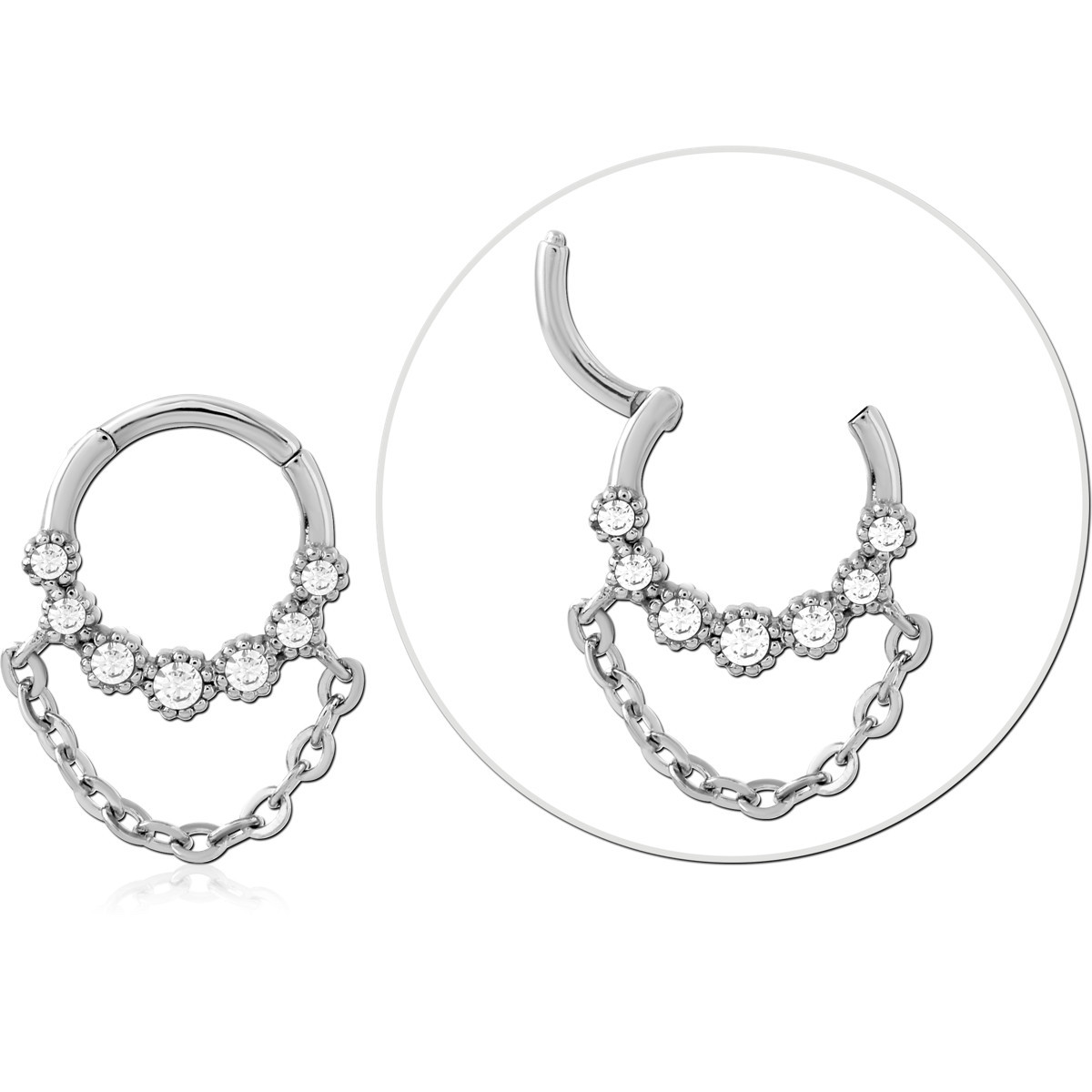 316L SURGICAL STEEL HINGED SEGMENT RING FRONT GEM CLUSTERS WITH DOUBLE CHAIN