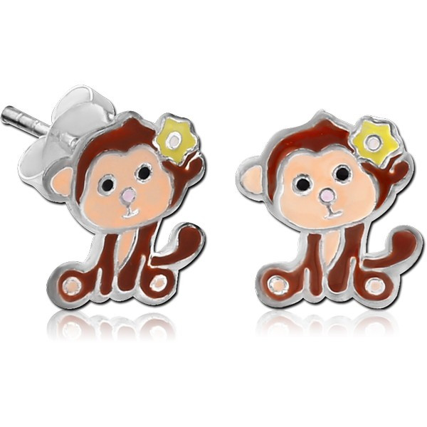 STERLING SILVER 925 EAR STUDS PAIR WITH ENAMEL - MONKEY