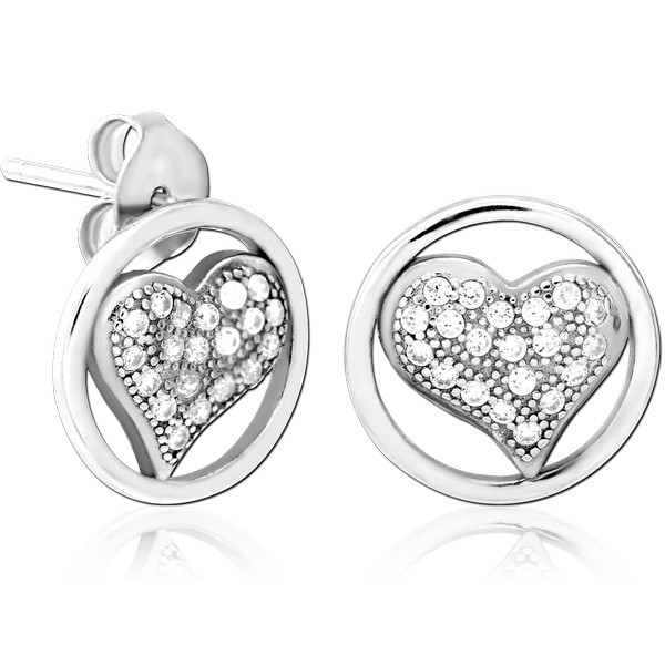 STERLING SILVER 925 JEWELLED EAR STUDS PAIR - HEART WITHIN CIRCLE