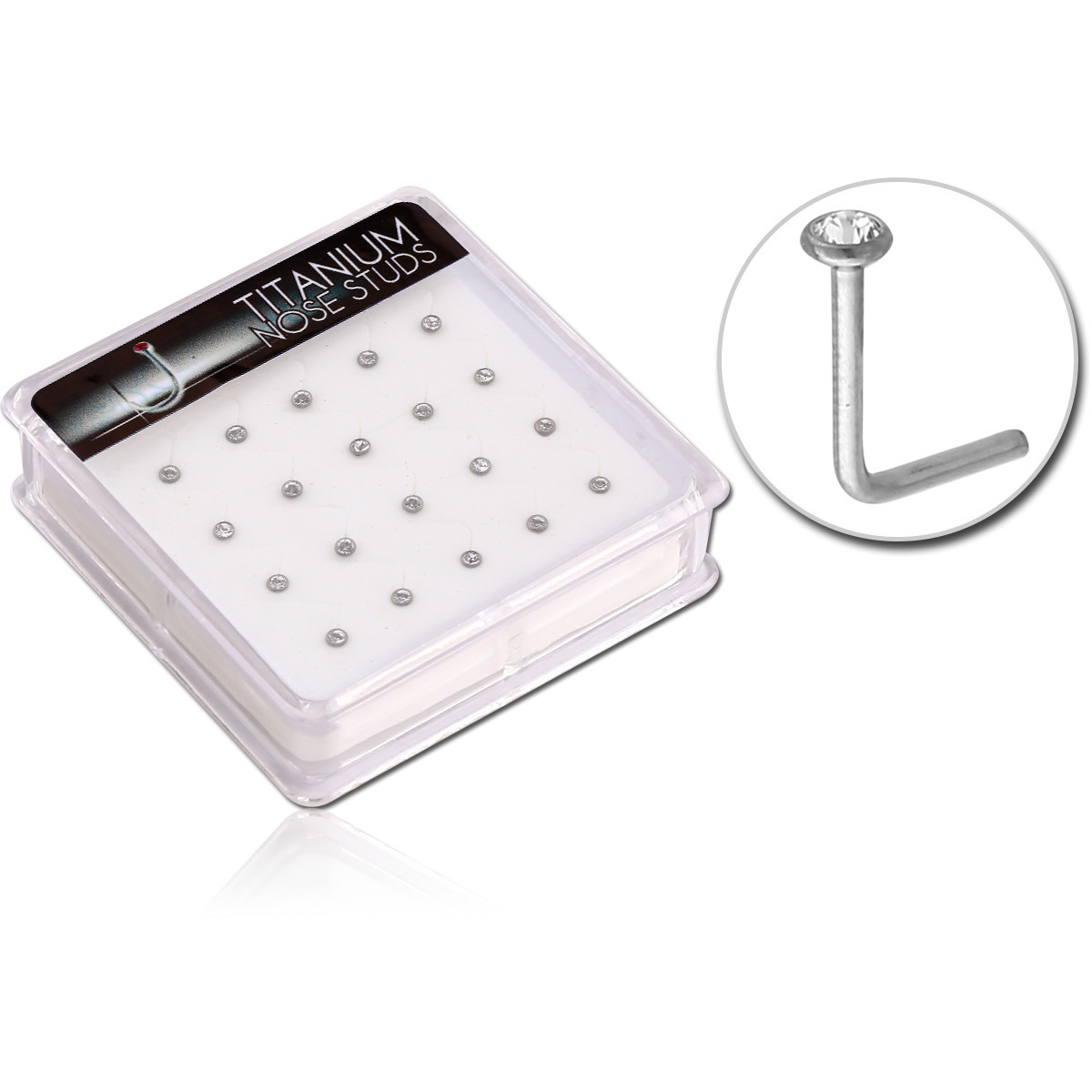 BOX OF 20 TITANIUM PREMIUM CRYSTAL JEWELED 90 DEGREE NOSE STUD