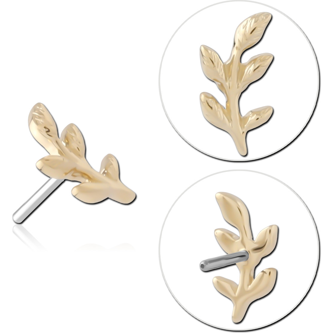14K YELLOW GOLD TOP WITH TITANIUM THREADLESS PIN LEAF BRANCH RIGHT