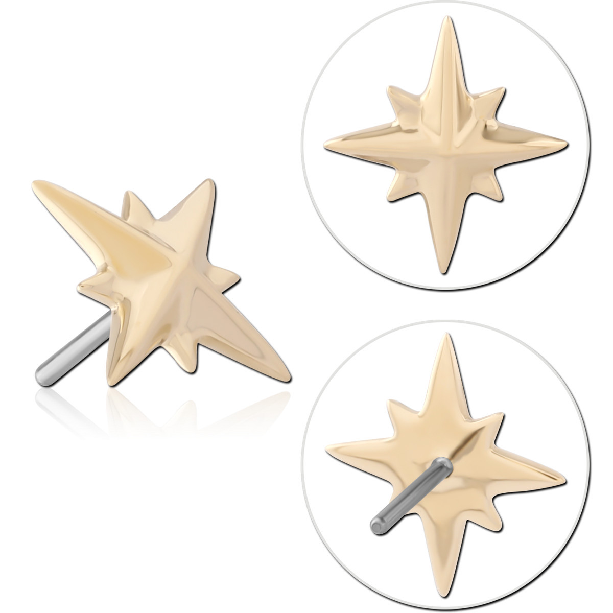 14K YELLOW GOLD TOP WITH TITANIUM THREADLESS PIN EIGHT POINT STAR
